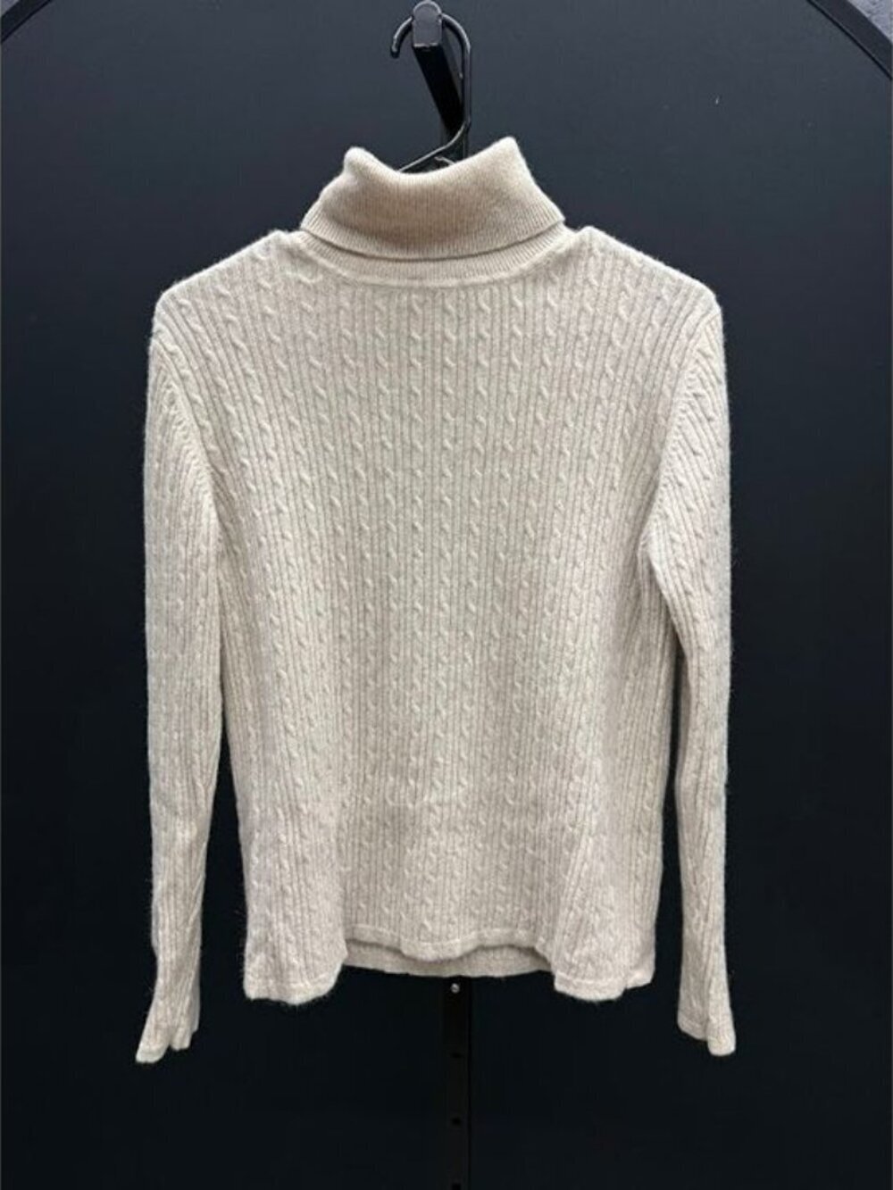 Pursuits, Ltd. Beige Cable Knit Cashmere Turtleneck Sweater